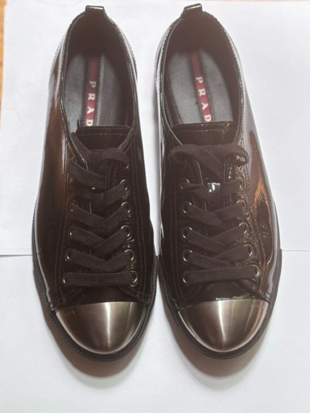 Prada Patent Leather Metal Cap Toe Sneakers Black EU 39 3E5234 Made in Italy